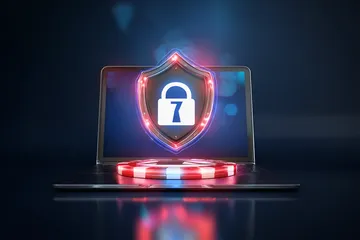 Um laptop brilhando com uma tela de login em um ambiente minimalista, simbolizando o sistema de acesso protegido do 7GAME SBET.